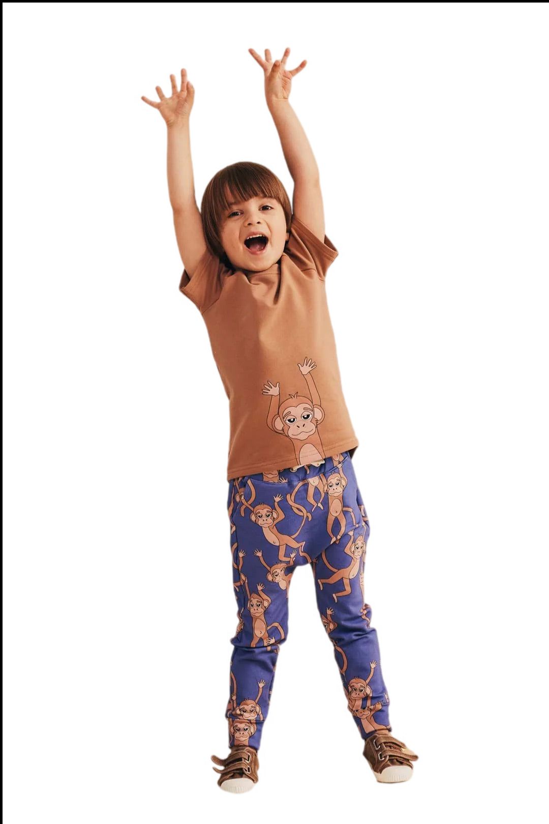 Single Monkey Print, Short Sleeve Top with Extra Length at the Back