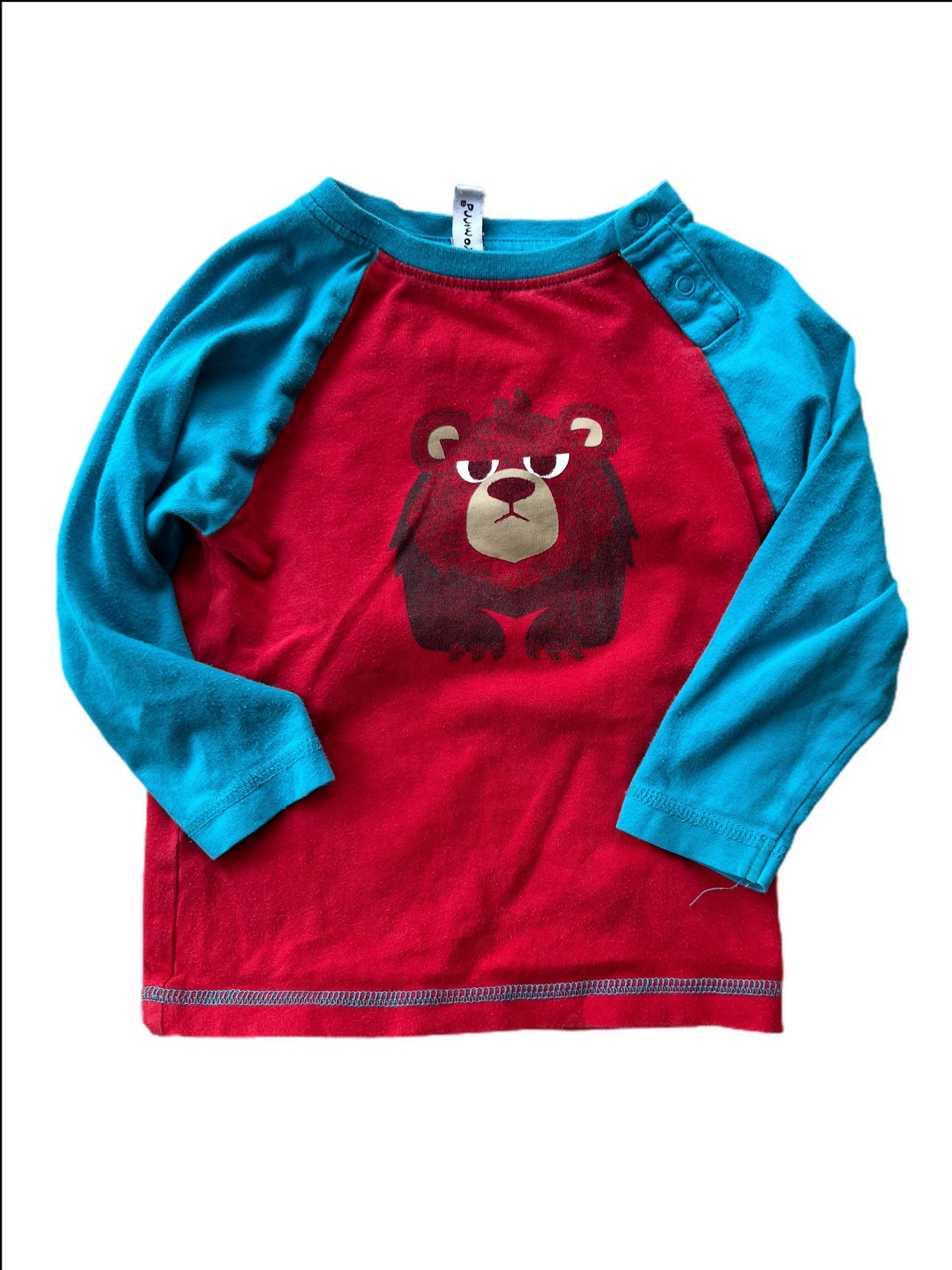 Long Sleeve Raglan Top with Faded Grumpy Bear Applique