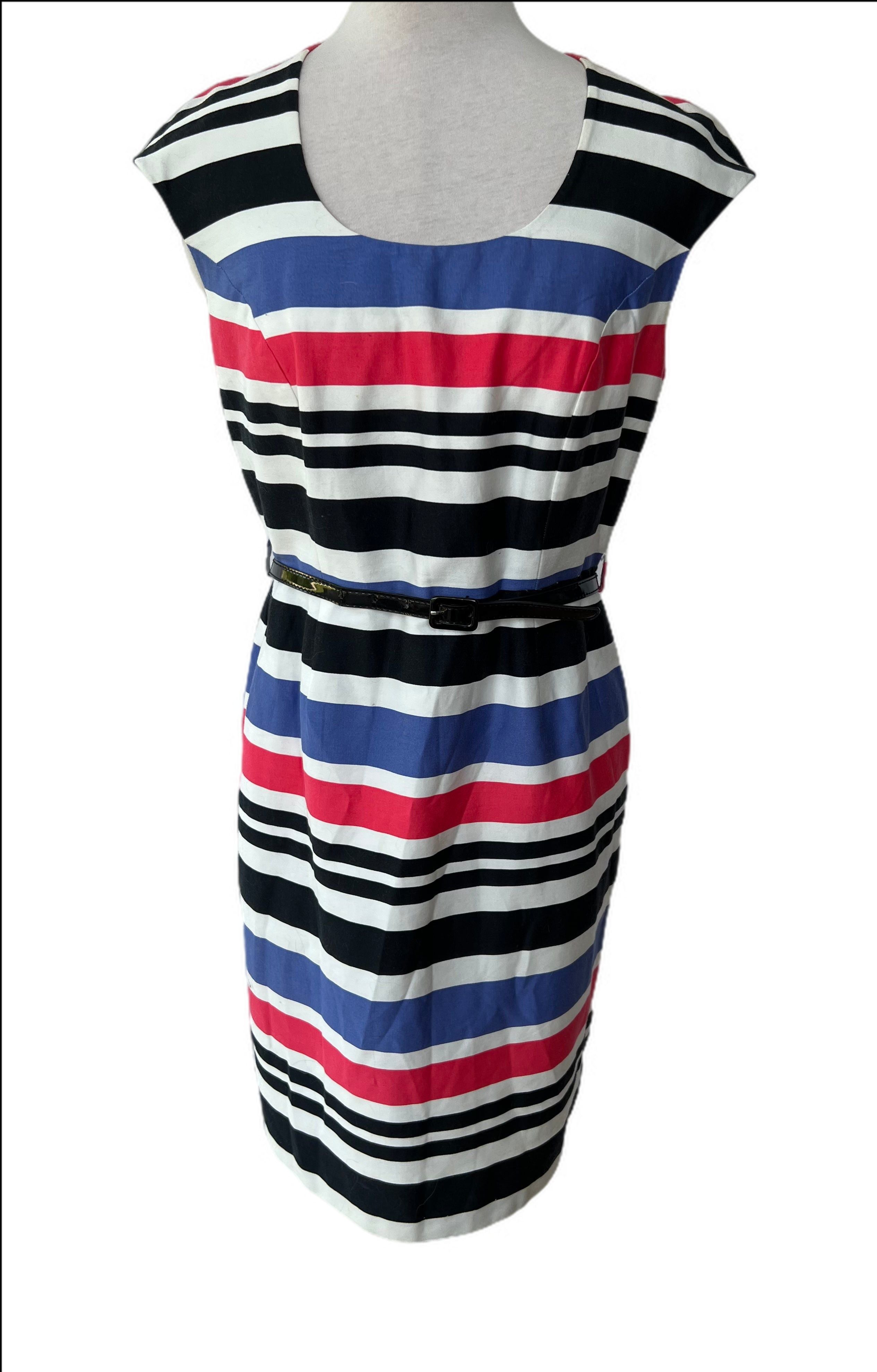 Striped Sheath dress with Faux Patent Belt