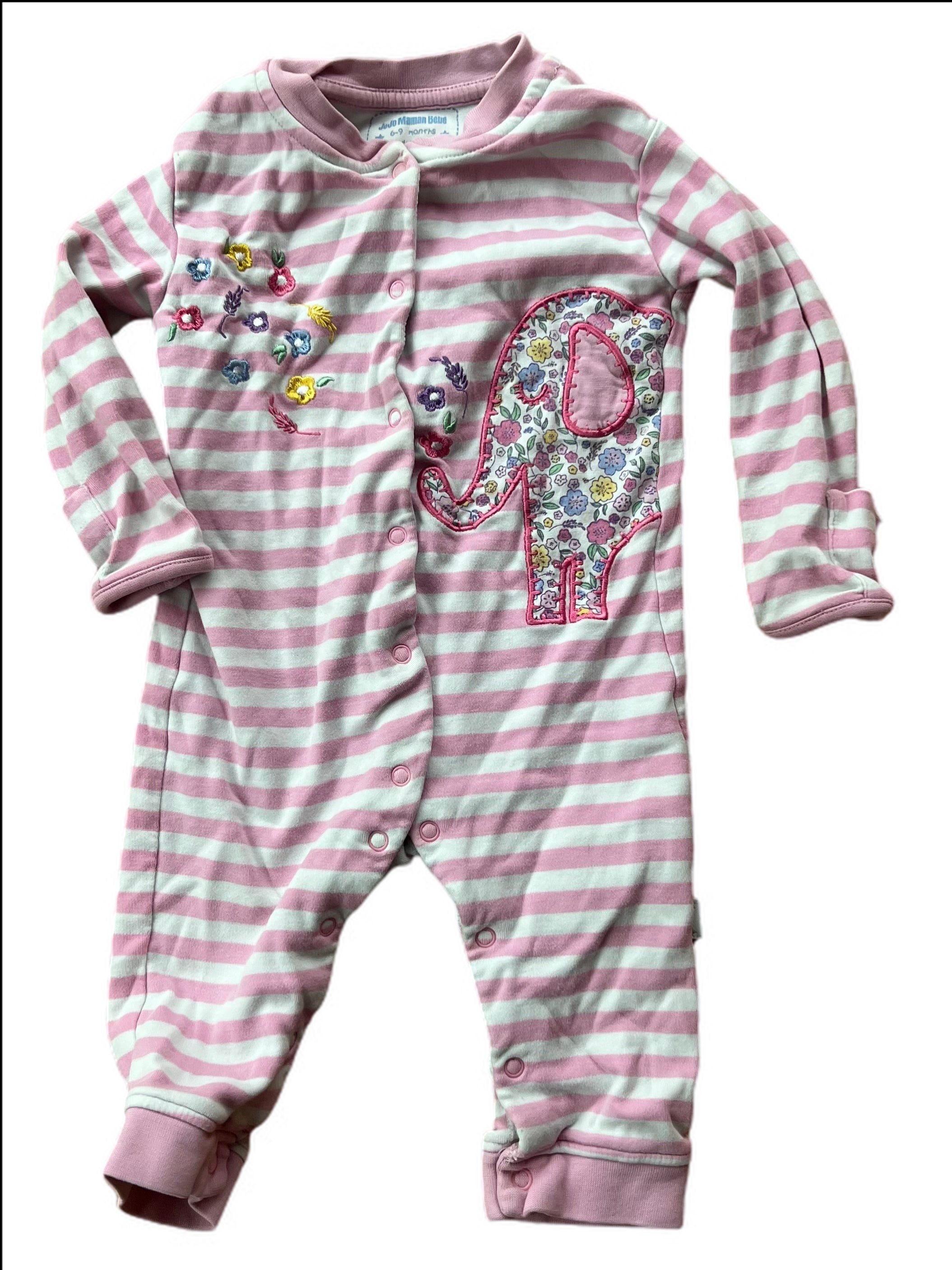 Striped Footless Baby Grow with Floral Elephant Applique tiny hole