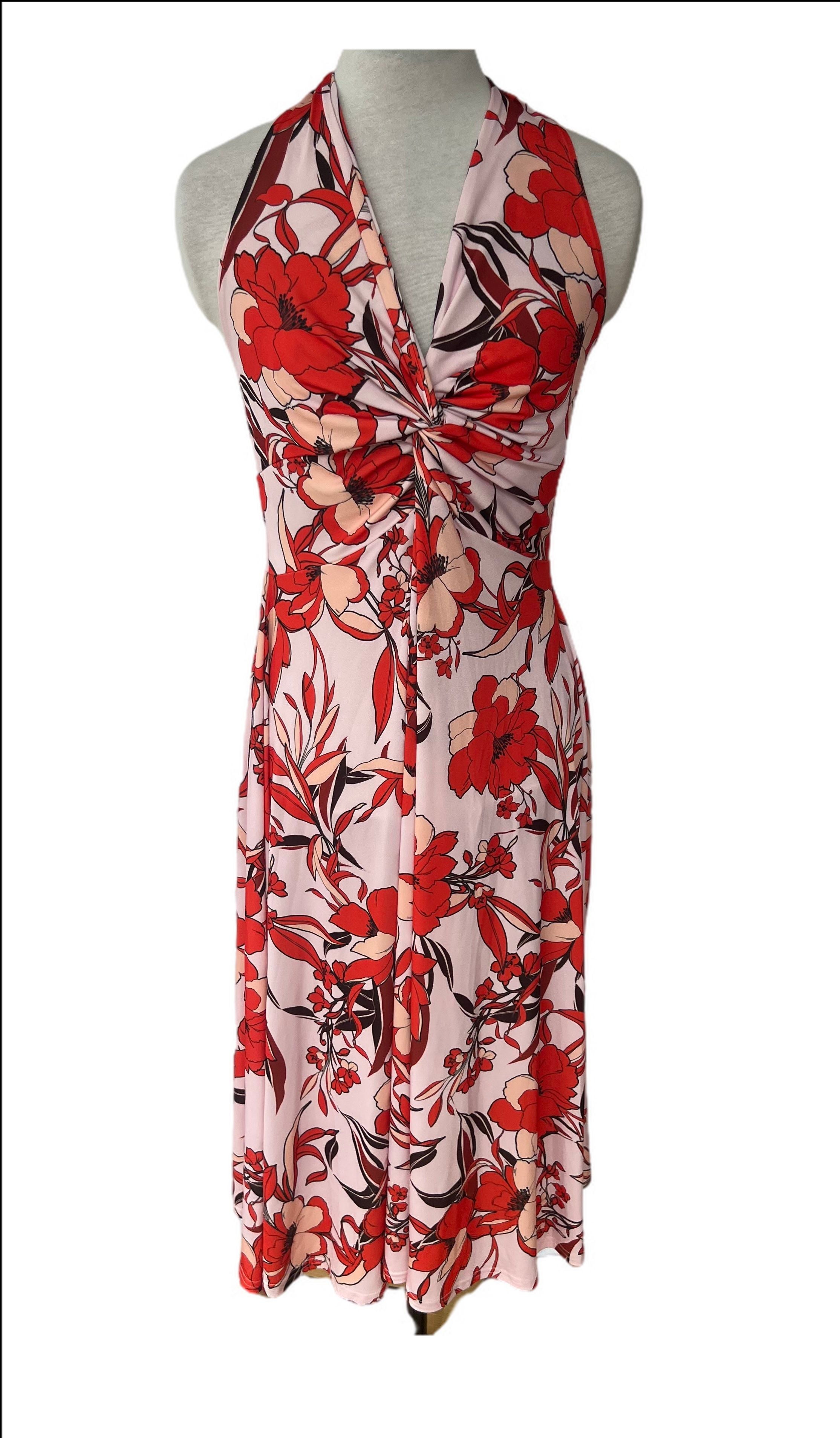 Floral Print Twist Waist Halter Midi Dress