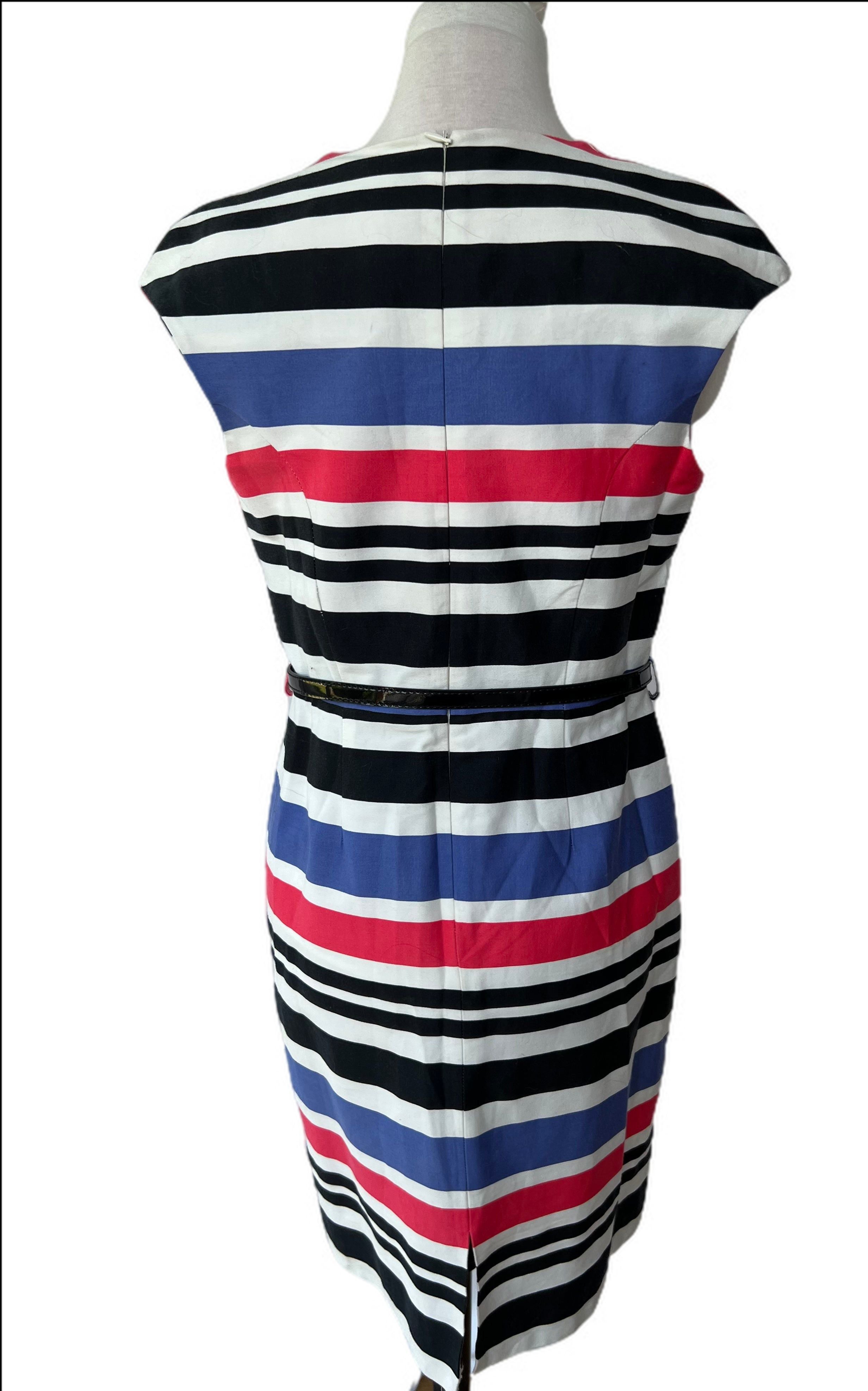Striped Sheath dress with Faux Patent Belt