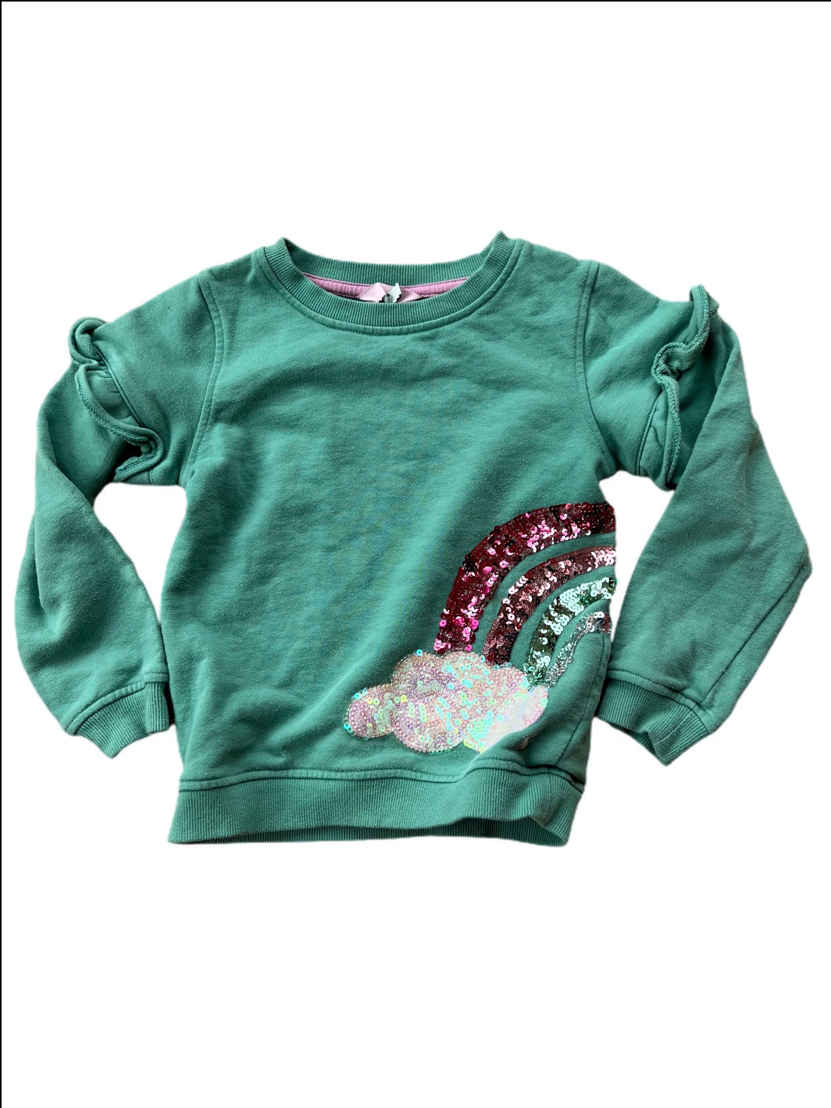 Long Sleeve Sweat Shirt with Frill Detail and Sequin Cloud and Rainbow, some fade of darker sequins