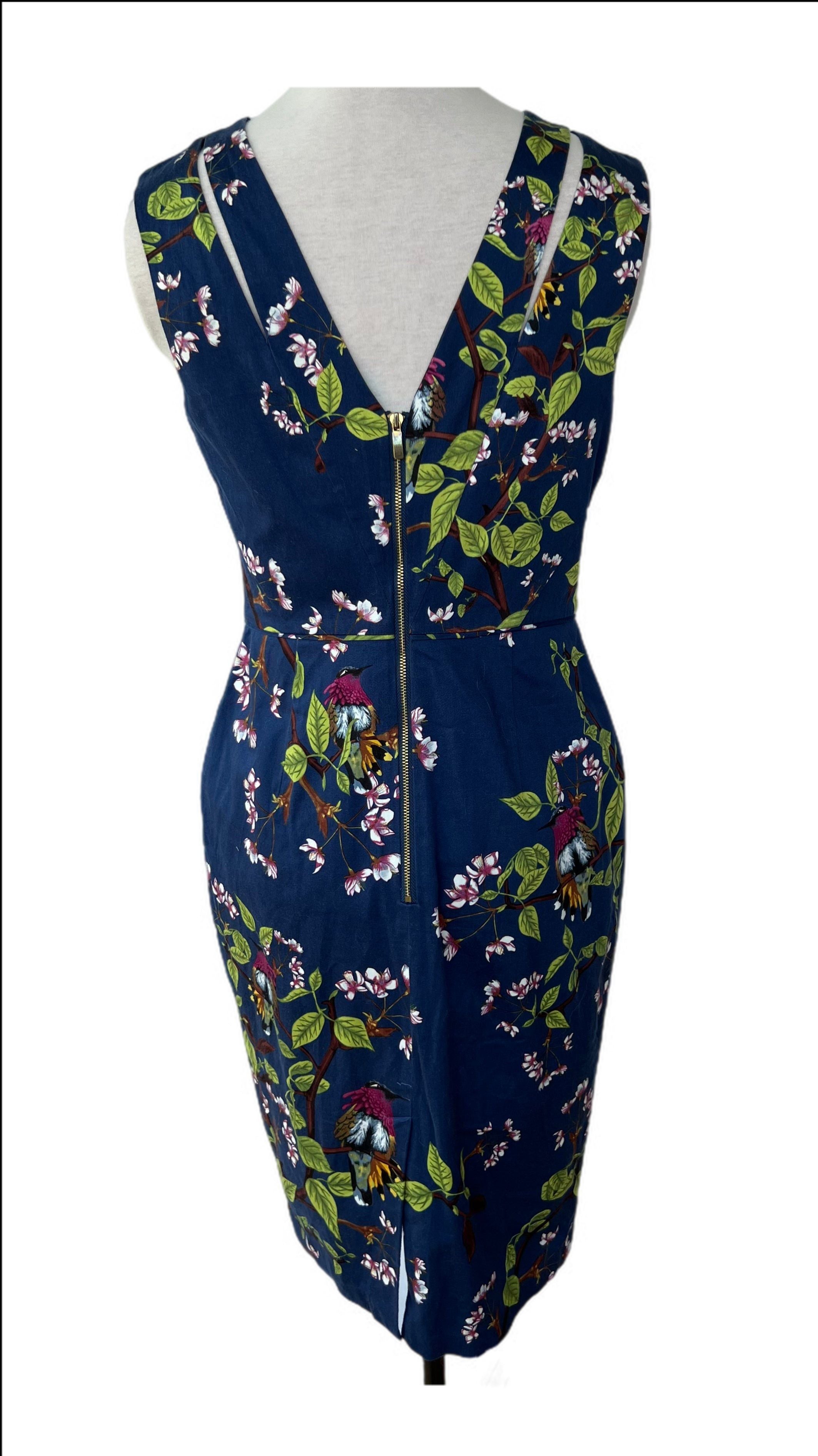 Sleeveless Dress with Bird on a Branch Detail and copper zipper at back