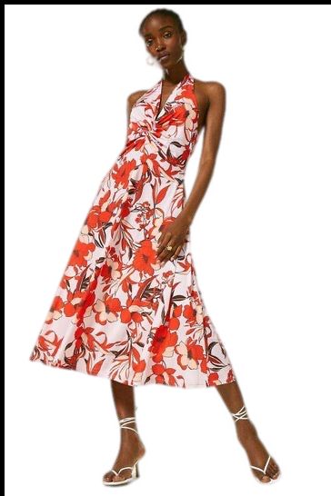 Floral Print Twist Waist Halter Midi Dress