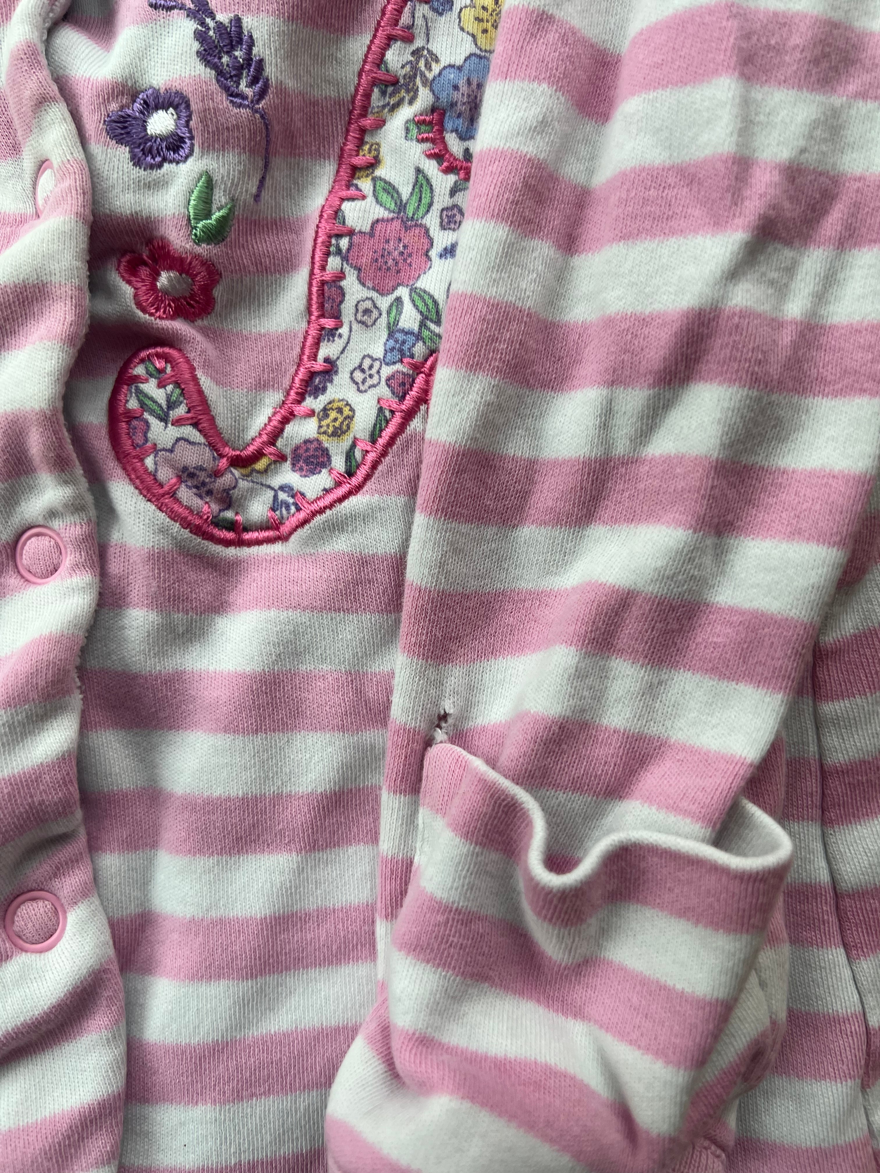 Striped Footless Baby Grow with Floral Elephant Applique tiny hole