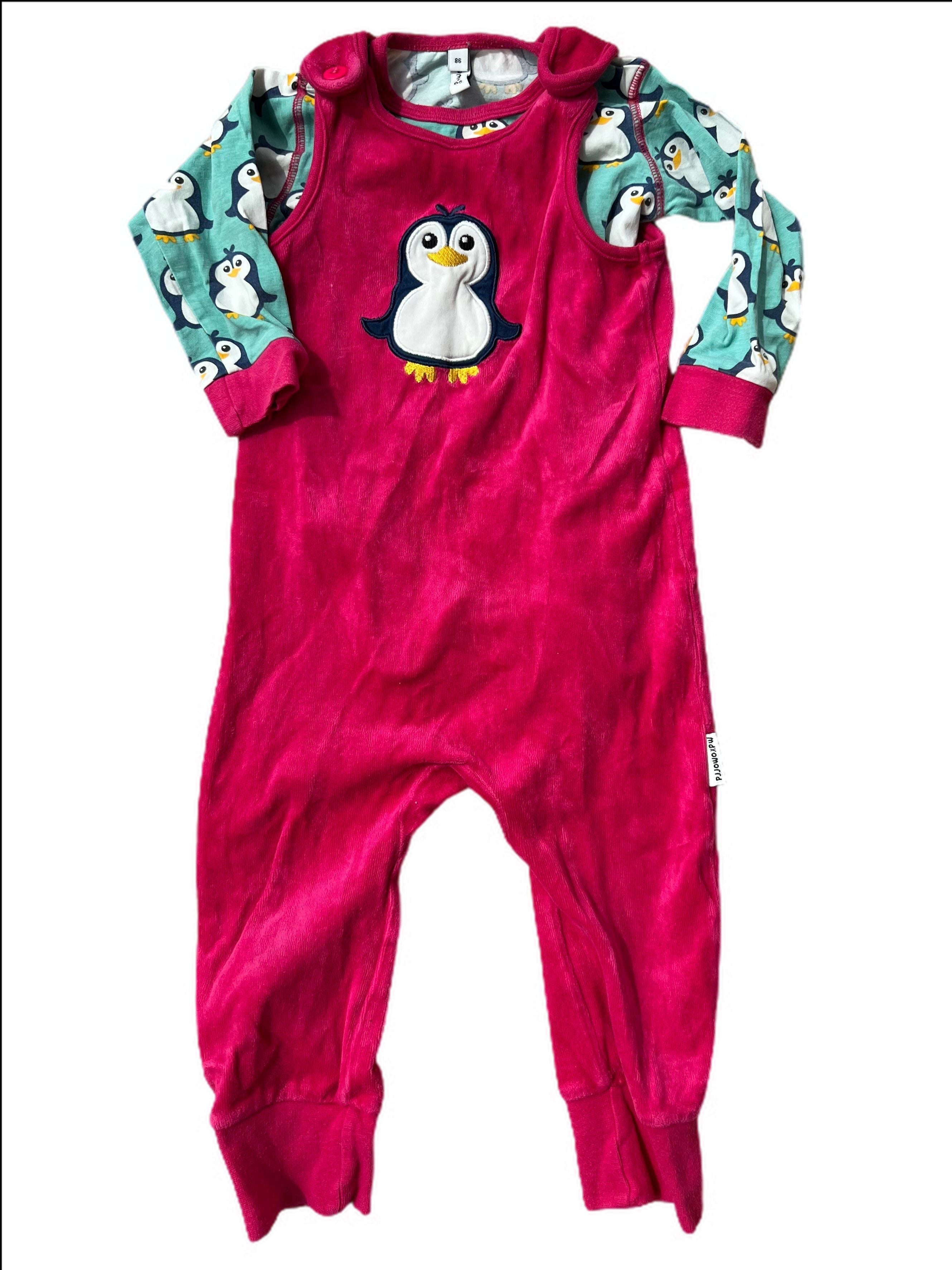 Velour Playsuit with Penguin Appliqué with Matching Long Sleeve Penguin Print Bodysuit