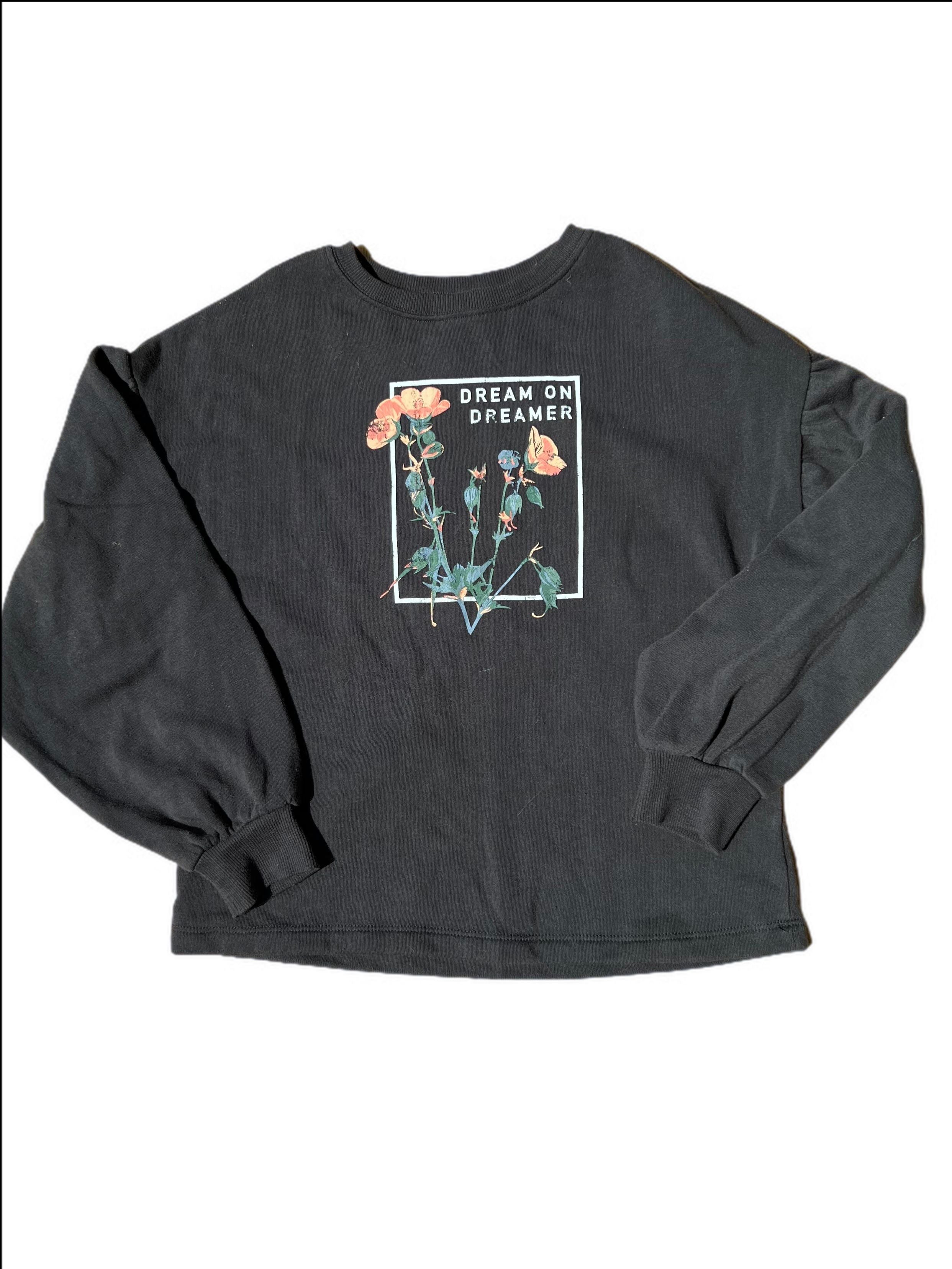 Gathered Long Sleeve Sweat Top With Floral “Dream on Dreamer’ Applique