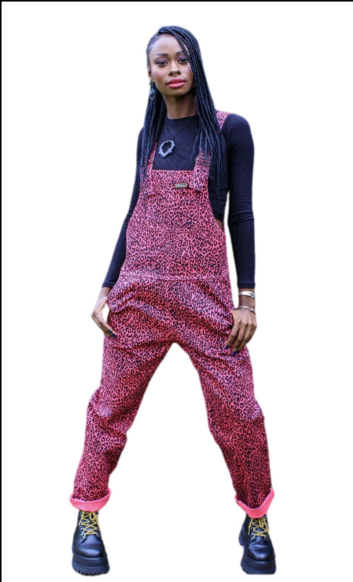 Hot Pink Leopard Print Stretch Twill Dungarees