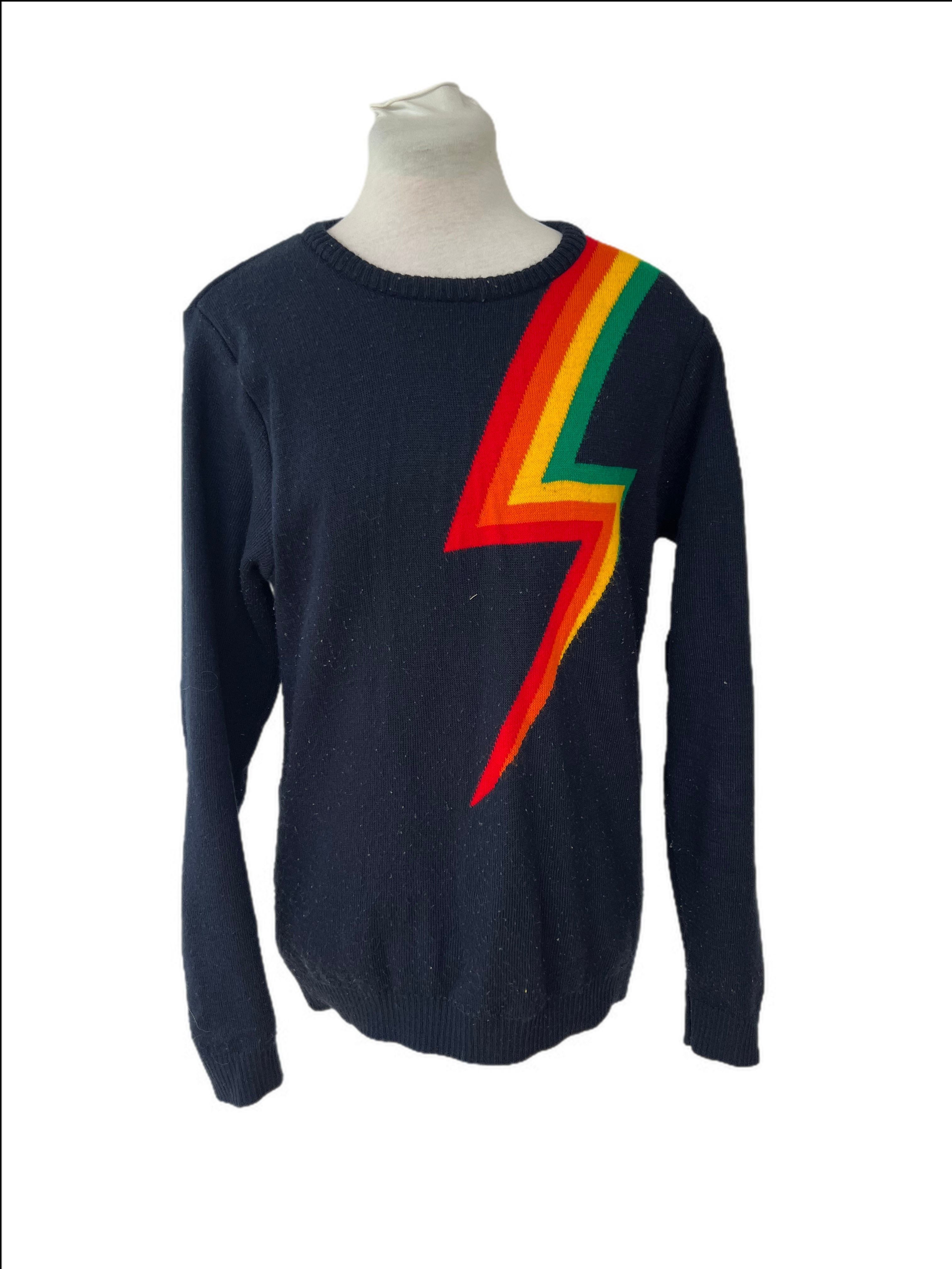 Navy Jumper/Sweater with Rainbow Lightning Bolt, pilling