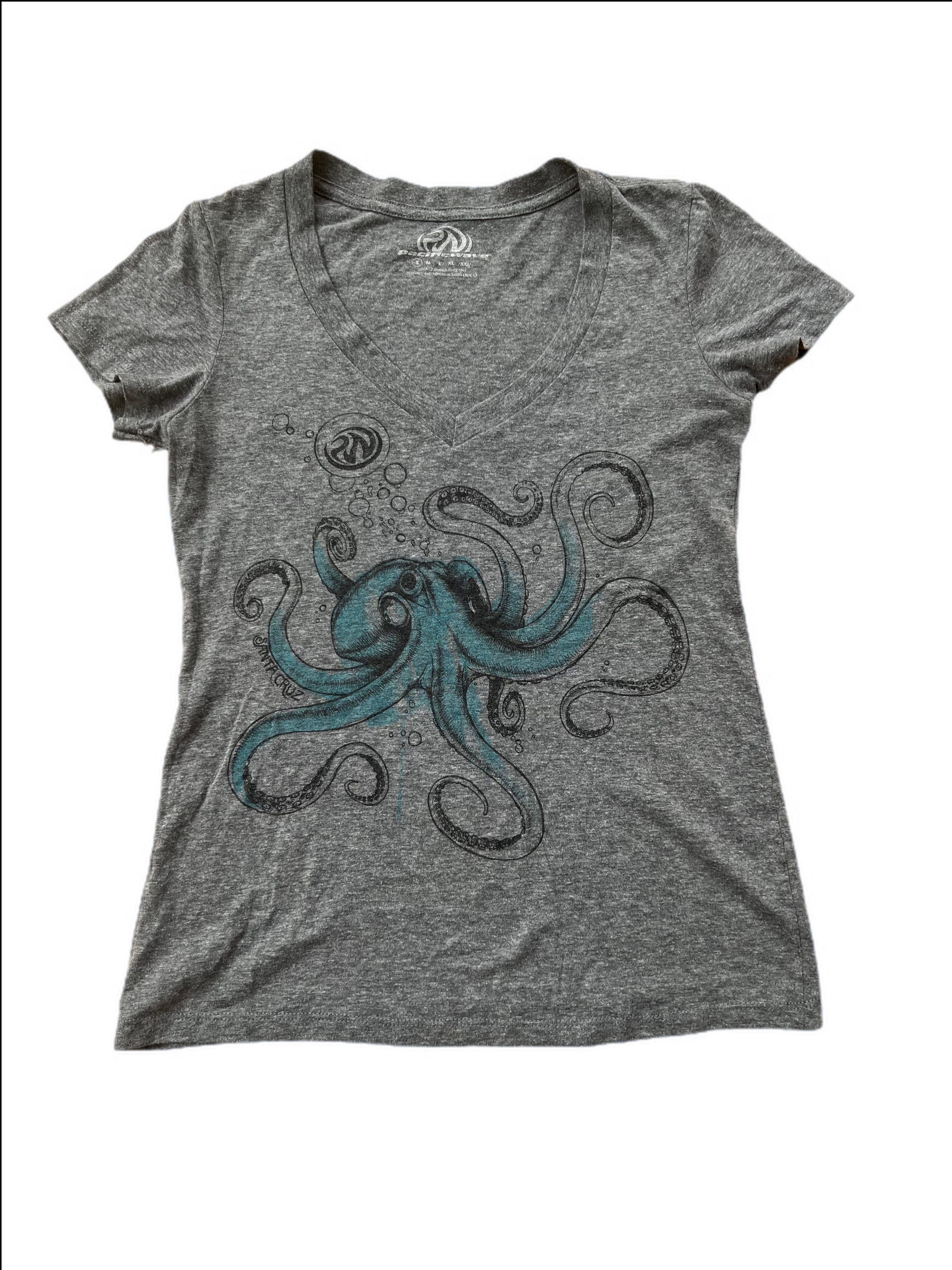 V-Neck Short Sleeve Tee with Blue Squid
